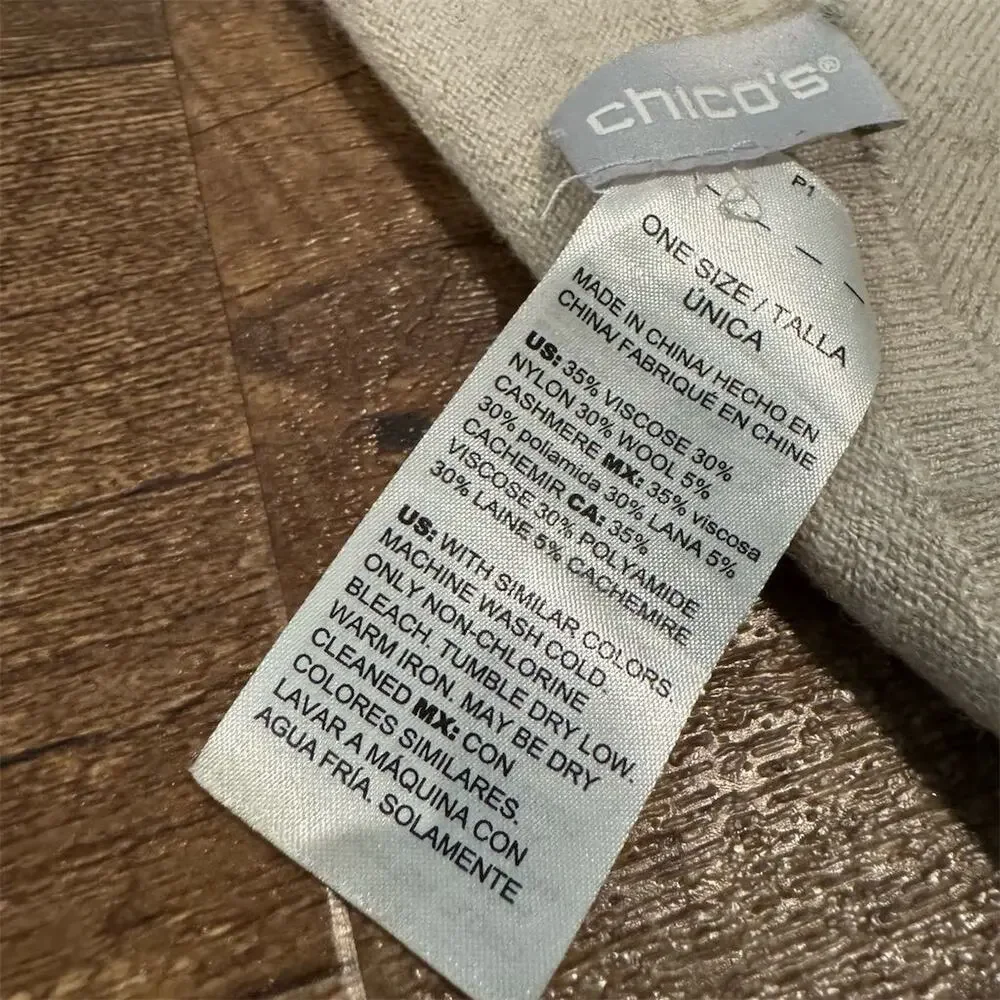 Chicos Minimalist Poncho Scarf Shawl Wrap Neutral Wool Cashmere Blend READ